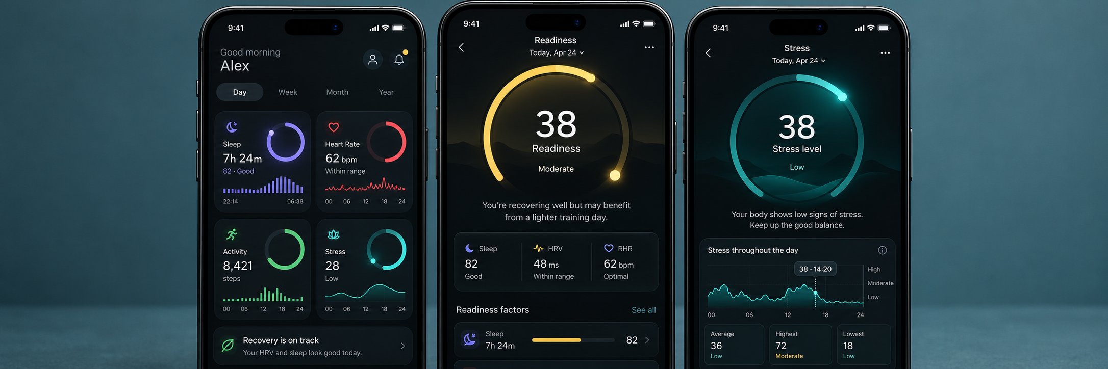 Vytara health tracking app on three phones